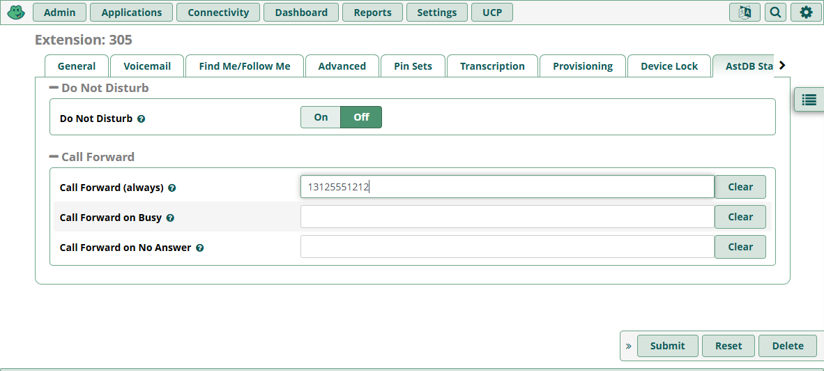 Per-extension AstDB State tab showing DND on/off radio and three CF destination fields with inline Clear buttons