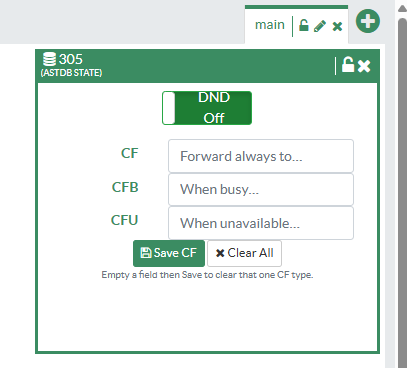 UCP dashboard widget showing per-extension DND toggle, three CF fields, Save CF button, and Clear All button