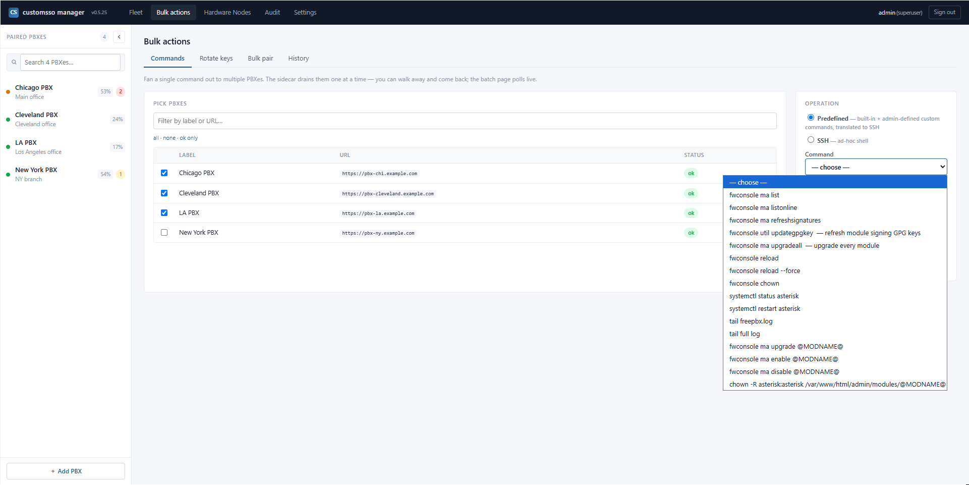 Bulk fwconsole command form with 3 PBXes selected and the custom-command catalog visible
