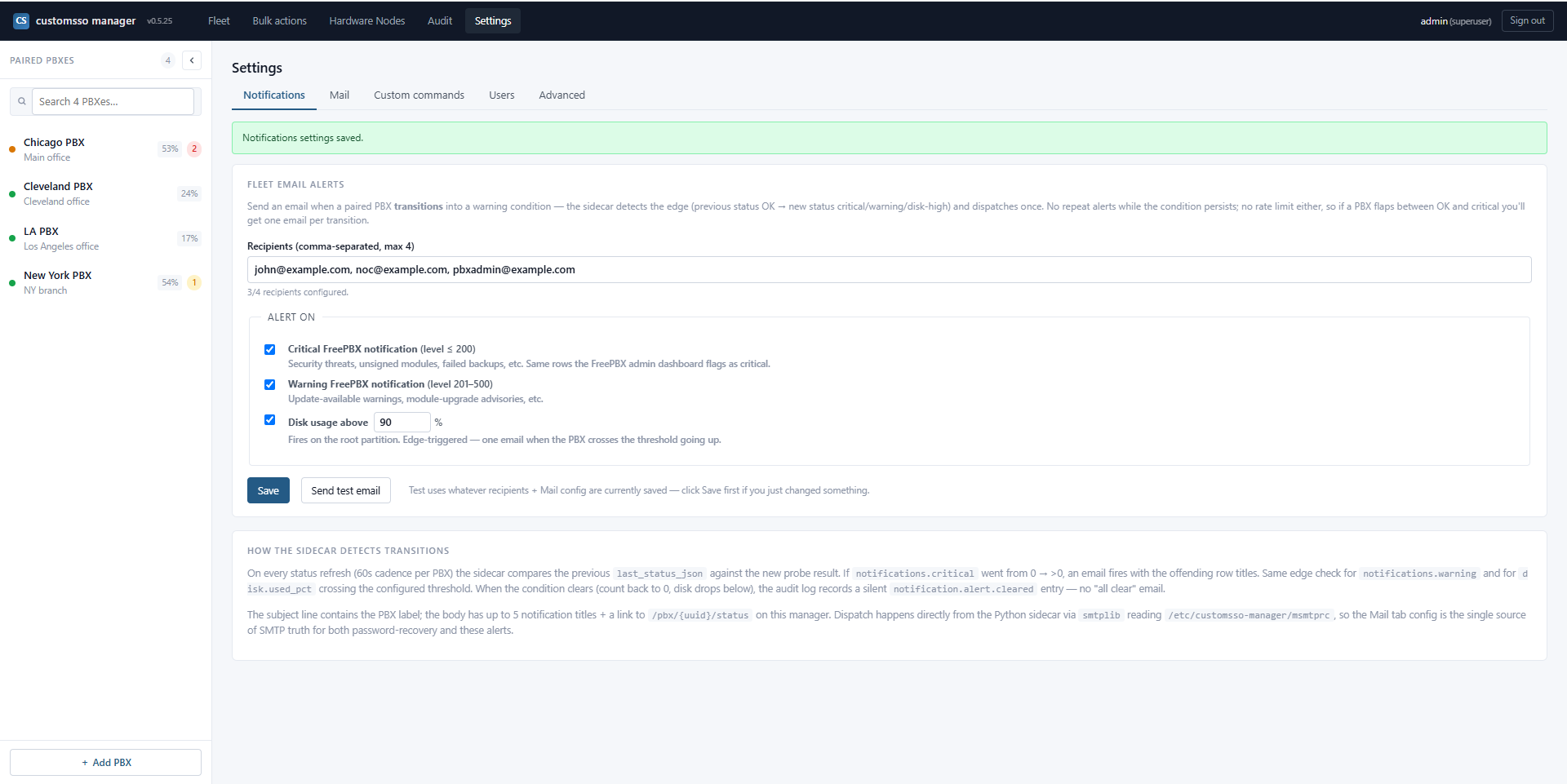 Notifications configuration with 3 recipient emails and all three alert types enabled
