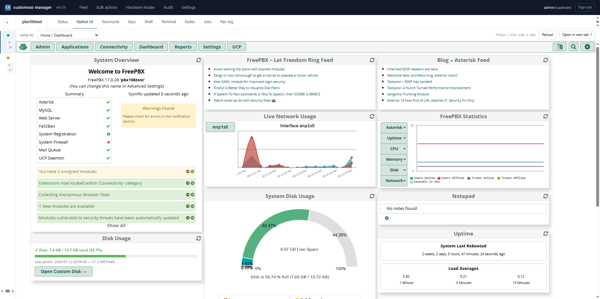 Passwordless single sign-on: FreePBX admin UI running inside customsso-manager's iframe tab, already logged in as admin, with the fleet sidebar visible