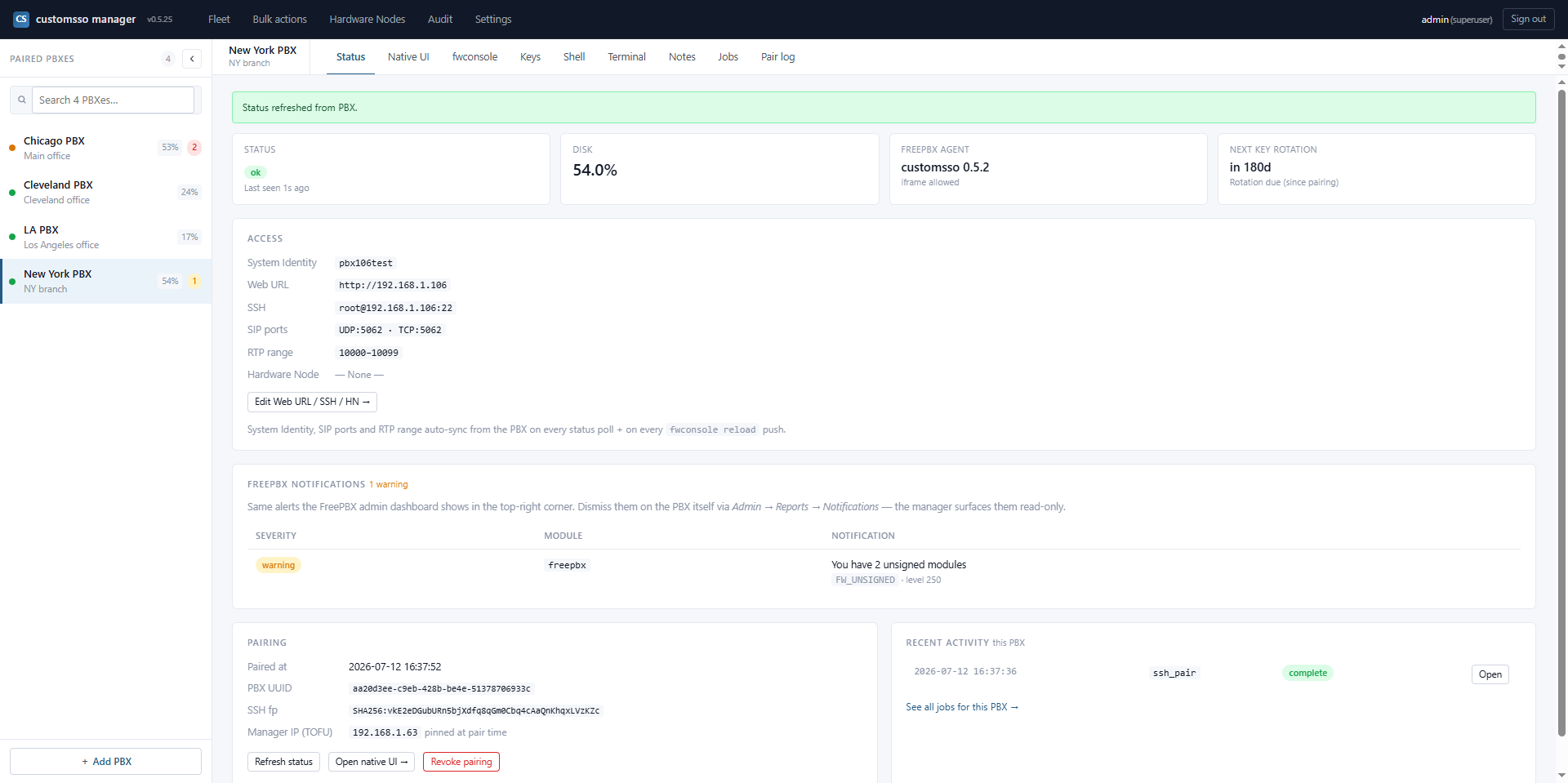 PBX status detail with live FreePBX notification list and disk usage