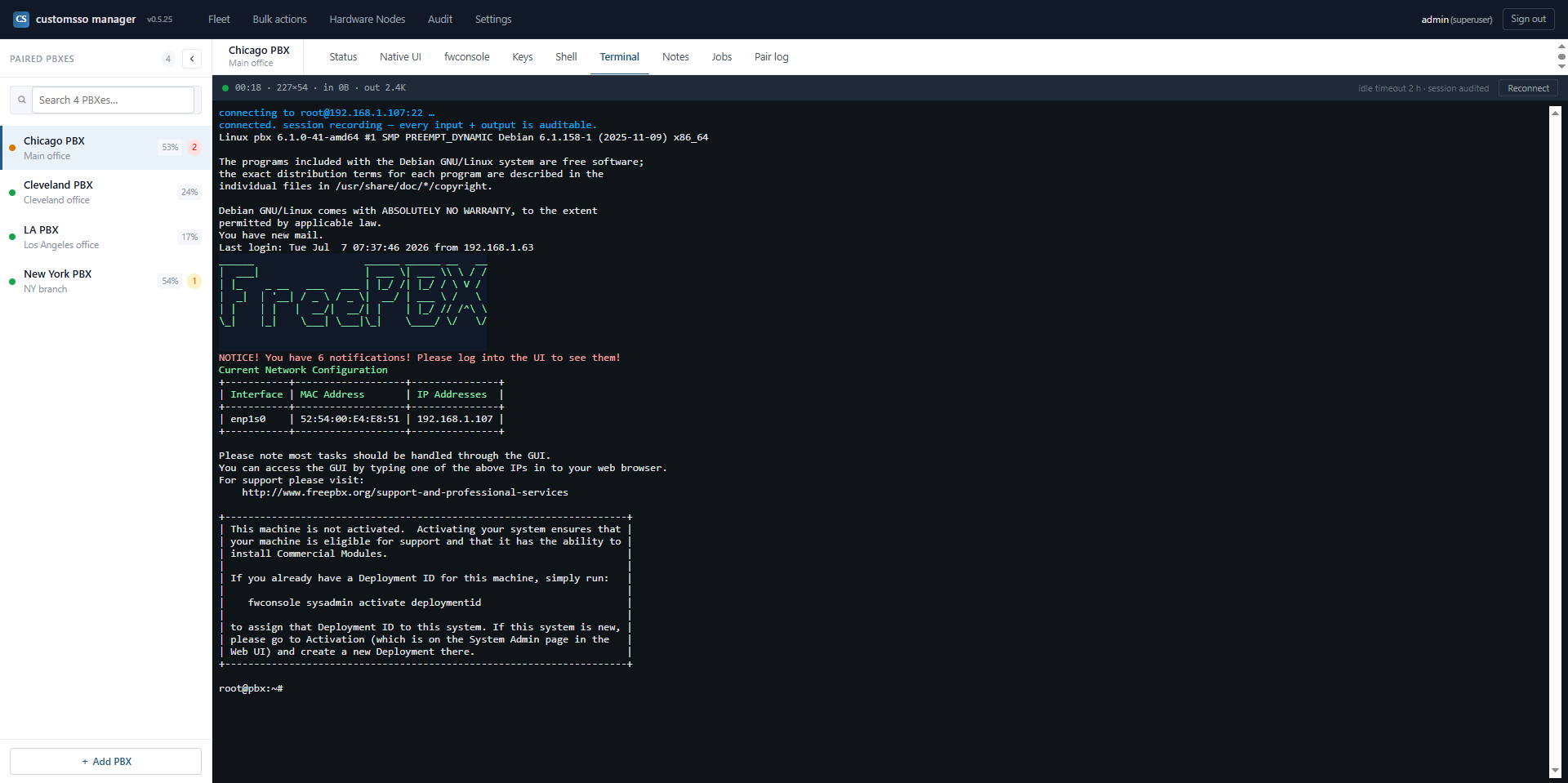 Interactive SSH terminal running in the browser against a paired PBX