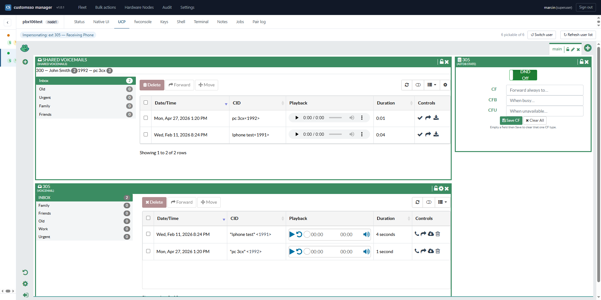 UCP admin impersonation: fleet admin picking any FreePBX user and landing in their UCP session without a password prompt