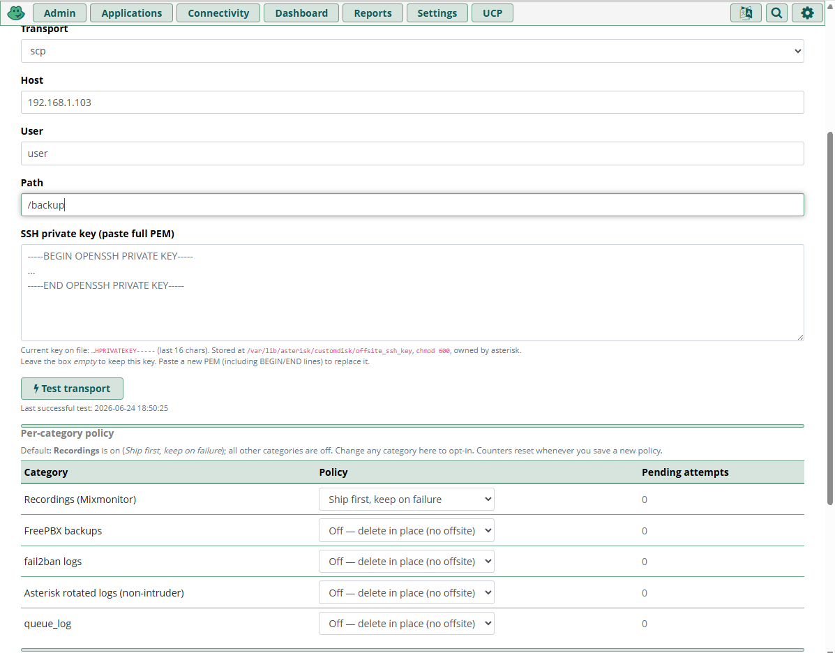 Offsite tab showing transport config and per-category policy dropdowns with retry and escalation settings
