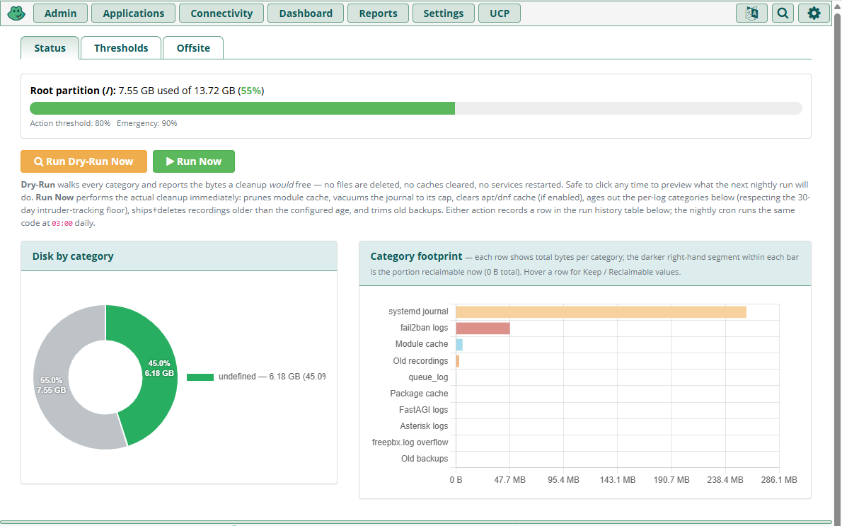 Status tab showing doughnut chart of disk usage by category with on-slice percentages and stacked bar chart of category footprint with reclaimable slice highlighted