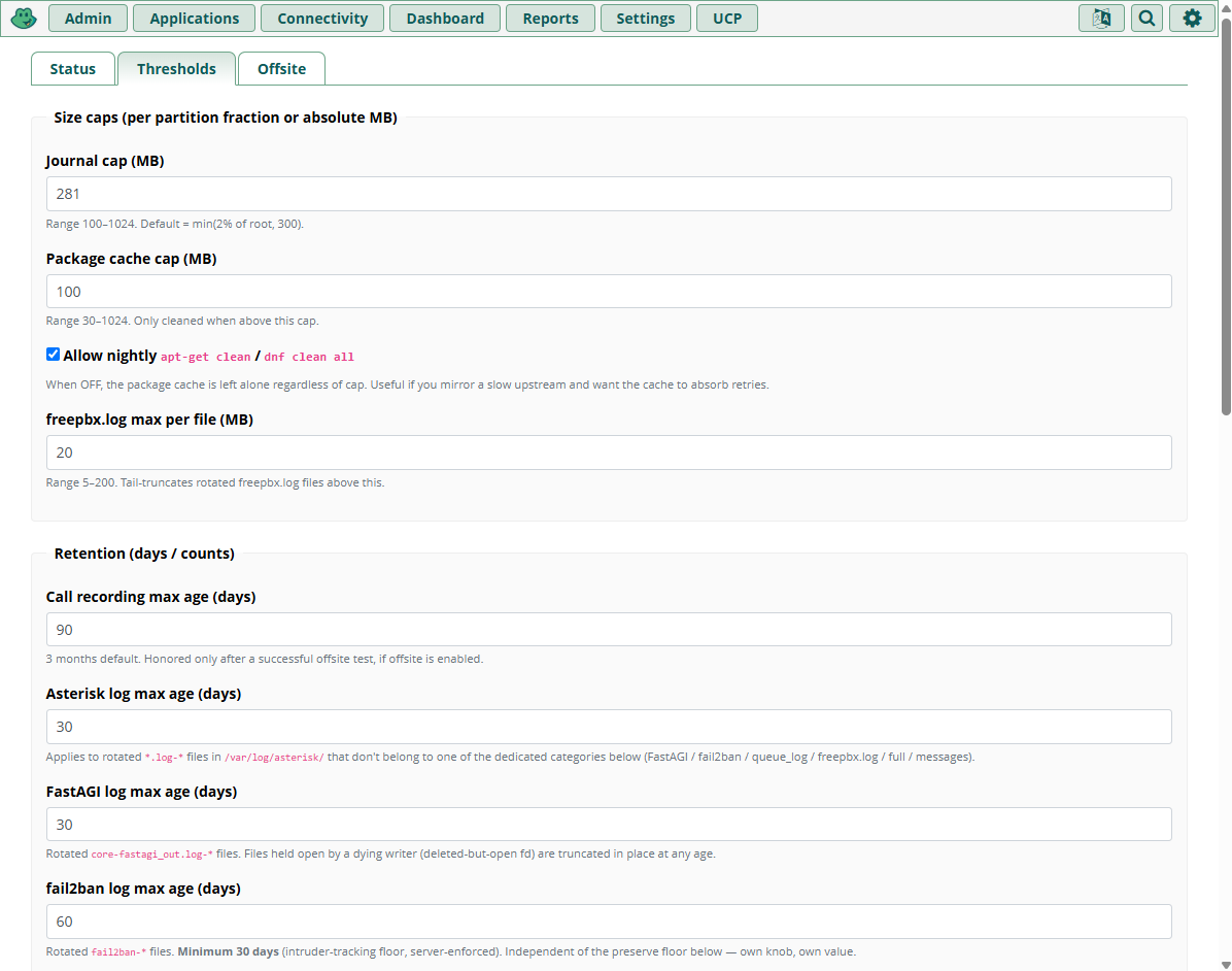 Thresholds tab showing all retention knobs in one form with inline help text and safe-range enforcement